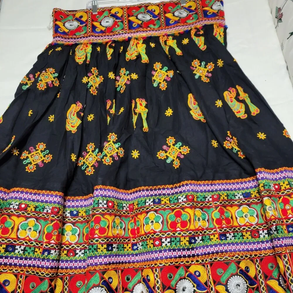 Navrati Garva Skirt Cotton Rayon Semi Merror Work, Embroidered Geometric XL